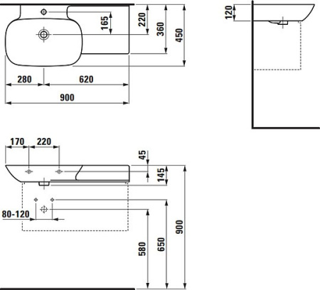 раковина подвесная/полувстраиваемая laufen ino 90 см, 8.1330.2.000.104.1