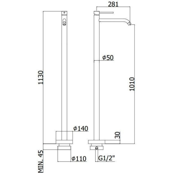 смеситель paffoni light lig031no для раковины, без донного клапана, напольный, излив 28.1 см, h113 см, черный матовый