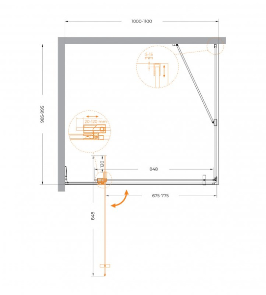 душевой уголок 80-90x99,5 см см cezares slider-ah-1-100-80/90-grigio-cr графитовое
