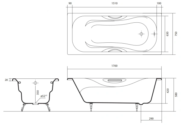 чугунная ванна aquatek гамма 170x75 aq8070fh-00 без антискользящего покрытия