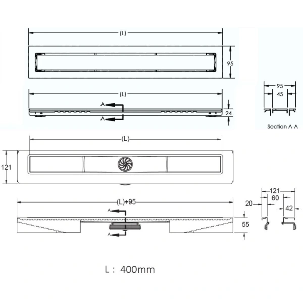 душевой трап (лоток) berges top stark 090147 40 см, с решеткой, щелевой, матовый хром