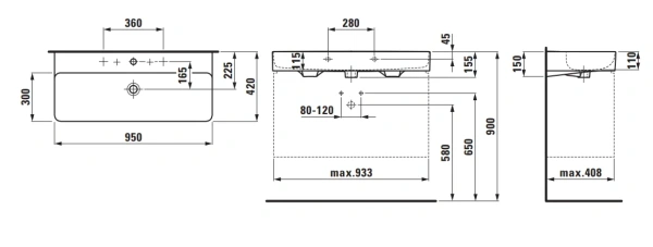 раковина laufen val 8.1028.7.400.104.1 подвесная/накладная 95x42 см, белая с lcc