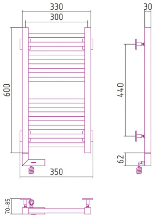 полотенцесушитель электрический сунержа модус 2.0 600 x 300, ширина 30 см, высота 60 см, мэм левый/правый, без покрытия