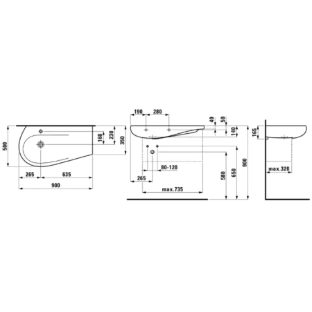 раковина полувстраиваемая laufen alessi 90 см, 8.1497.5.400.104.1
