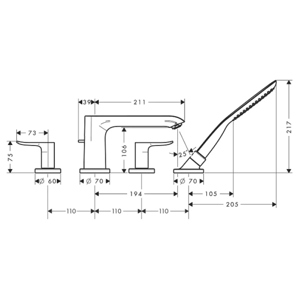 смеситель на борт ванны на 4 отверстия hansgrohe metris 31442000