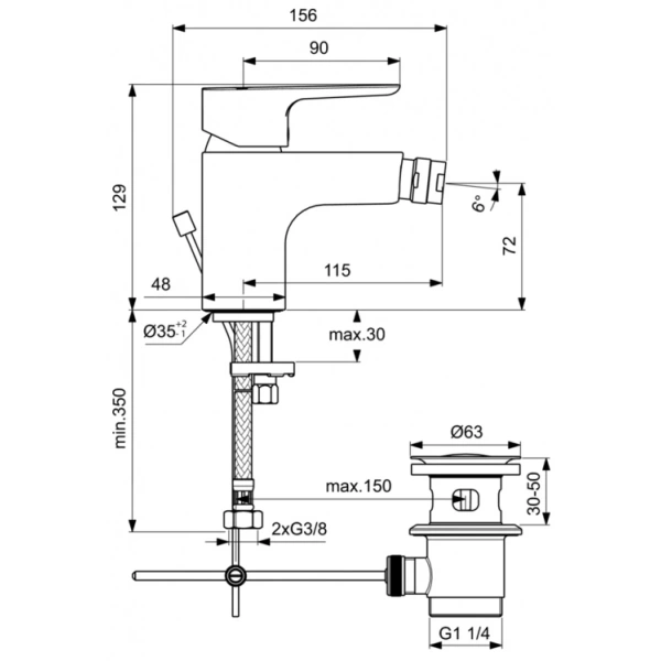 смеситель ideal standard ceraplan iii bc626aa для биде, с донным клапаном, хром