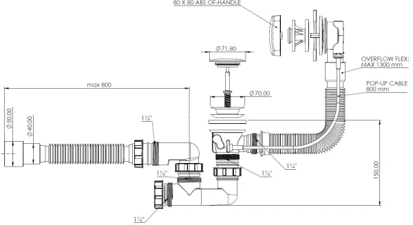 слив-перелив для ванны aquanet 339430 70 мм, полуавтомат, хром, с сифоном