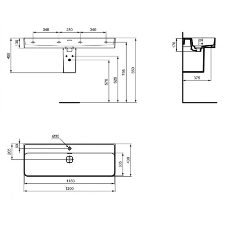 раковина накладная/полувстраиваемая ideal standard strada ii 120 см t300601