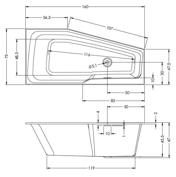 акриловая ванна riho rething space b112009005 160x75 l, заполнение через перелив