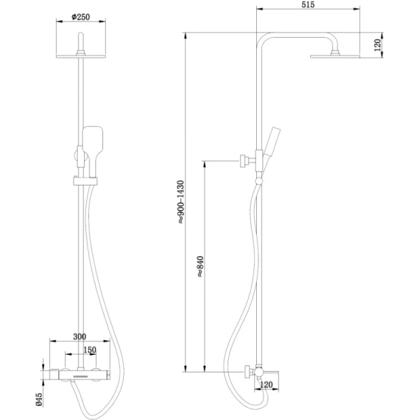 душевая система abber emotion af8816bl 250 мм, со смесителем, черный матовый