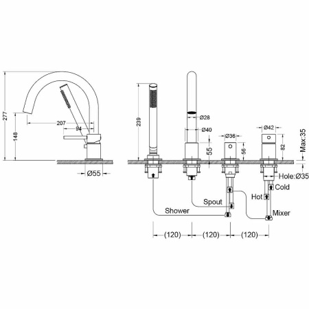 смеситель aquatek европа aq1348cr на борт ванны, хром