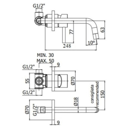 смеситель paffoni light lig007hgsp70 для раковины, без донного клапана, встраиваемый, с внутренней частью, излив 24.8 см, золотой матовый