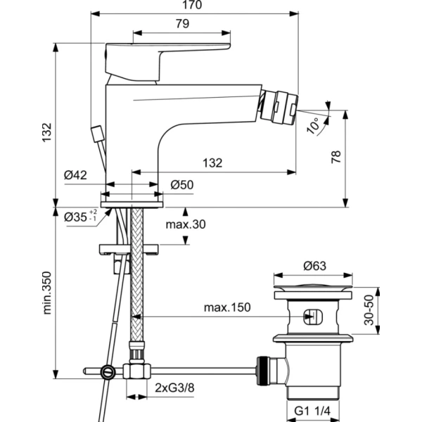 смеситель ideal standard cerafine o bc705aa для биде, с донным клапаном, хром