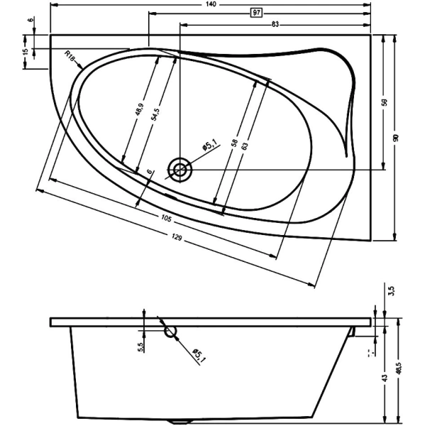 акриловая ванна riho lyra 140x90 b020001005 (ba6600500000000) l без гидромассажа