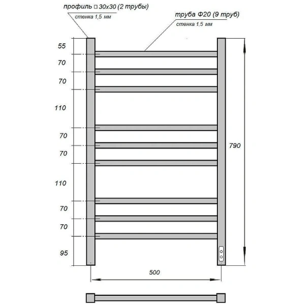 полотенцесушитель point веста п9 pn70858b электрический, диммер справа, 50x79 см, черный