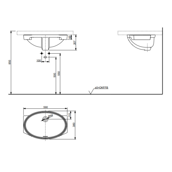 раковина toto wu lw1506juyw/f#w встраиваемая снизу, с переливом, без отв., 59×38×20.7см, белый