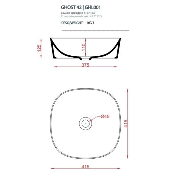 раковина накладная 42 см artceram ghost ghl001 01 00, белая.