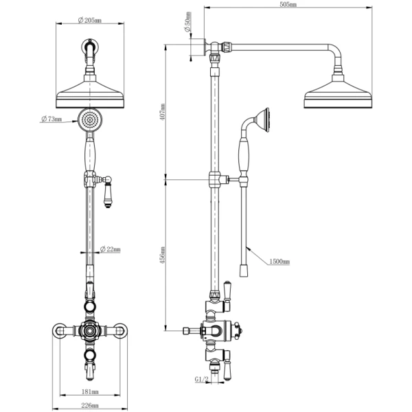 душевая система wonzon & woghand retro ww-b3041-mb 228 мм, со смесителем, черный матовый
