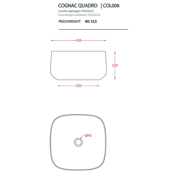 раковина artceram cognac quadro col006 20 00 накладная, без отв., без перелива, на столешницу, saniglaze, 43x43xh22.5 см, nero roma