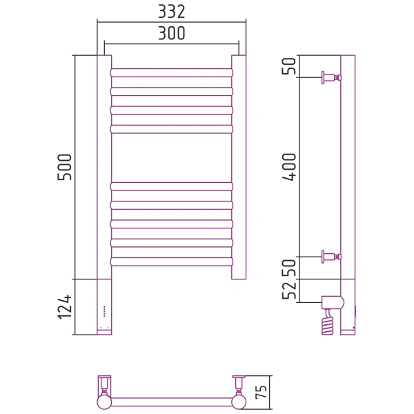 полотенцесушитель электрический 500x300 белый глянец мэм левый, перемычка прямая сунержа богема 3.0 12-5804-5030