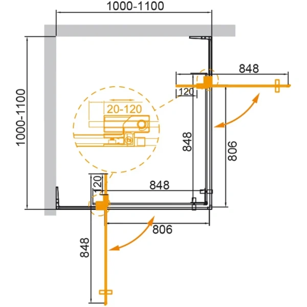 душевой уголок cezares slider slider-a-2-100/110-br-boro 100-110x100-110 см, профиль золотой матовый, стекло бронза