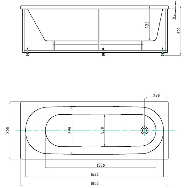 акриловая ванна aquatek оберон 180х80 obr180-0000002 без гидромассажа с фронтальной панелью с каркасом (вклеенный) со слив-переливом (слева)
