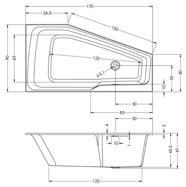 акриловая ванна riho rething space b114009005 170x90 l, заполнение через перелив