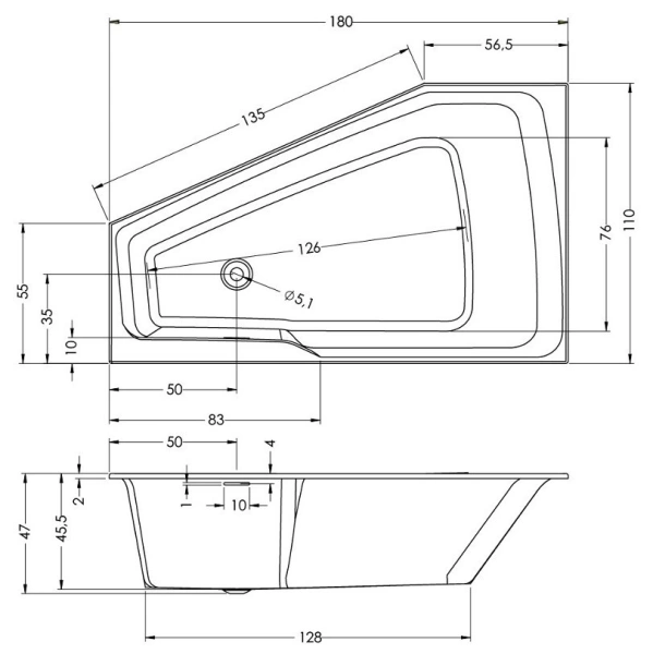 акриловая ванна riho rething space b115009005 180x110 r, заполнение через перелив