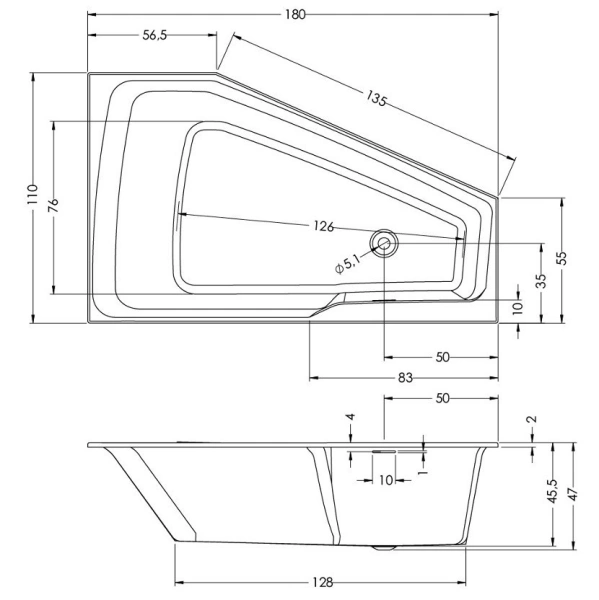 акриловая ванна riho rething space b116009005 180x110 l, заполнение через перелив