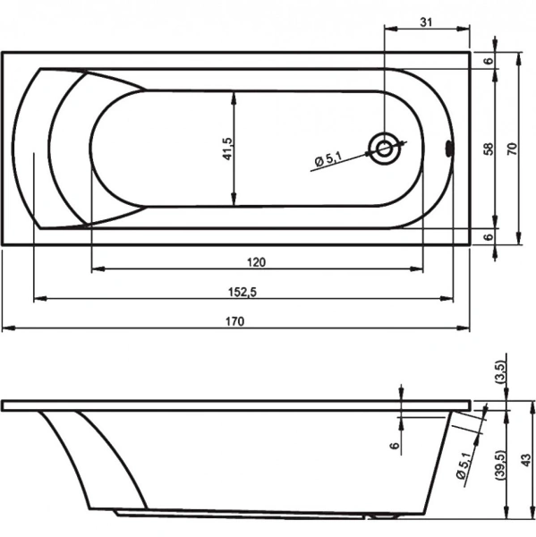 акриловая ванна riho miami 170x70 b060001005 (bb6200500000000) без гидромассажа