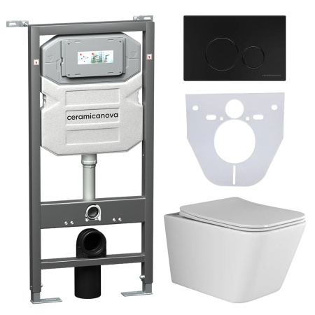Комплект унитаза с инсталляцией Ceramicanova Metric CN3007_1001B_1000 с сиденьем микролифт и клавишей смыва черный матовый