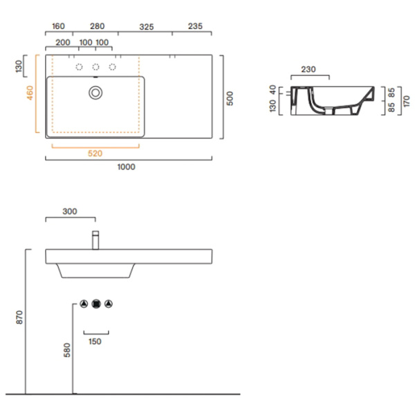 раковина catalano zero 0121041001 100x50 см чаша слева, с 1 отв., белый глянцевый