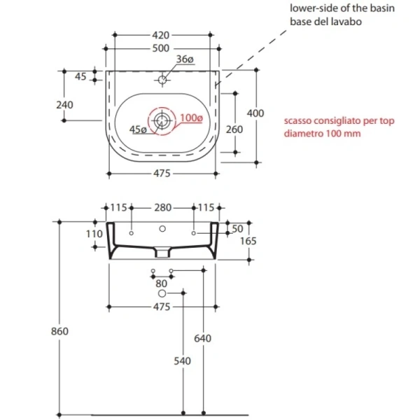 раковина накладная/подвесная kerasan flo 50 см, 314101