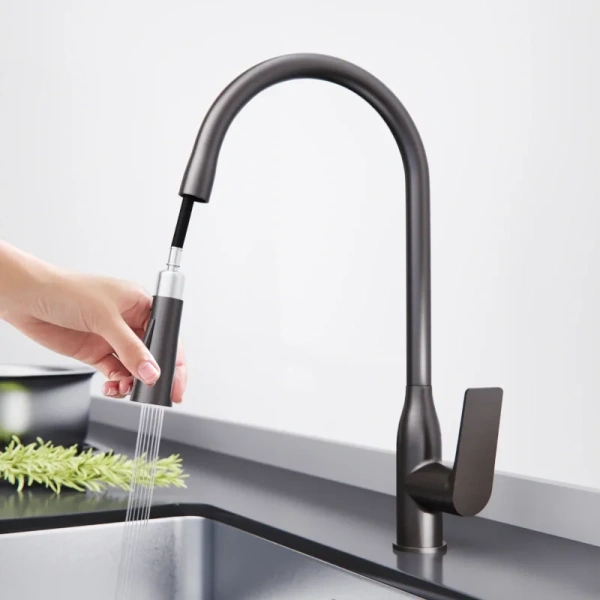 смеситель для кухни tokito mitsuishi tok-mit-1013gm с выдвижным изливом, вороненая сталь