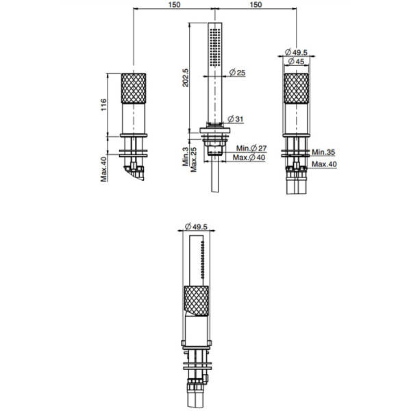 смеситель fima carlo frattini spillo tech f3044/1tnxor на борт ванны, на 3 отв., с ручным душем., золото