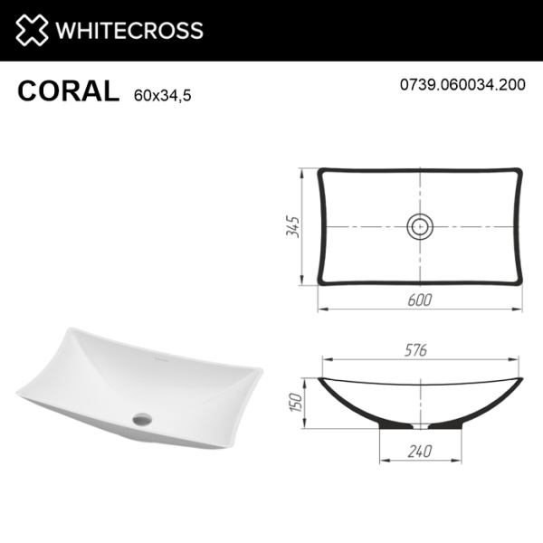 раковина whitecross coral 0739.060034.200 накладная, из искусственного камня, 60x34.5 см, белая матовая