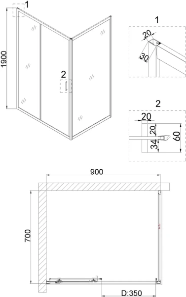 душевой уголок niagara nova 90×70 ng-62-9a-a70 профиль хром, стекло прозрачное