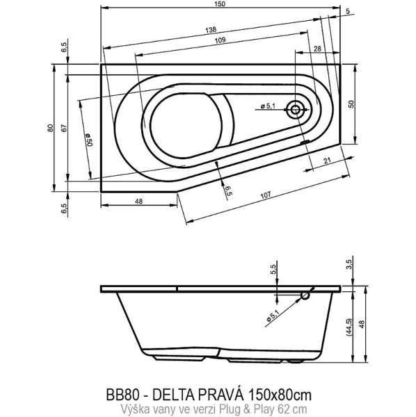 акриловая ванна riho delta 150х80 r b066007005 (bd4000500000000) без гидромассажа