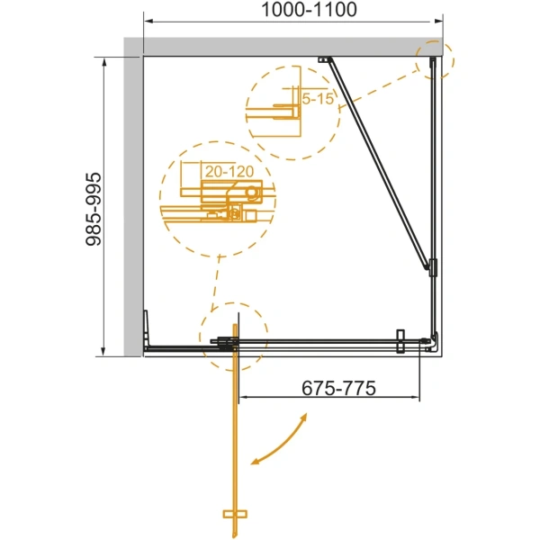 душевой уголок cezares slider slider-ah-1-100-100/110-br-gm 100-110x99,5 см, профиль оружейная сталь матовый, стекло бронза